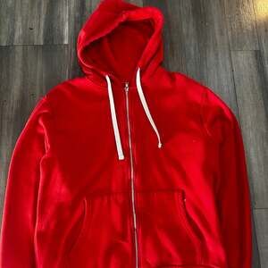 Forever 21 Men's Basic Red Full-Zip Fleece Hoodie with Contrast Drawstrings